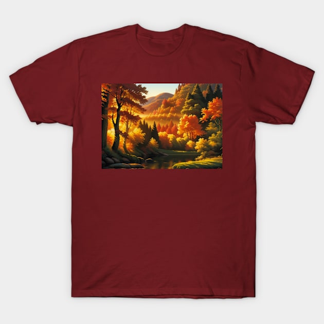 Autumn River in a Forest T-Shirt by CursedContent